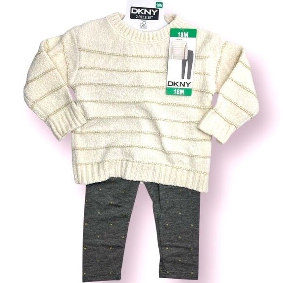 DKNY NEW Cream Sweater & Gray Leggings Set ~ Gold Accent Threads Polka Dots 18m - Picture 2 of 10